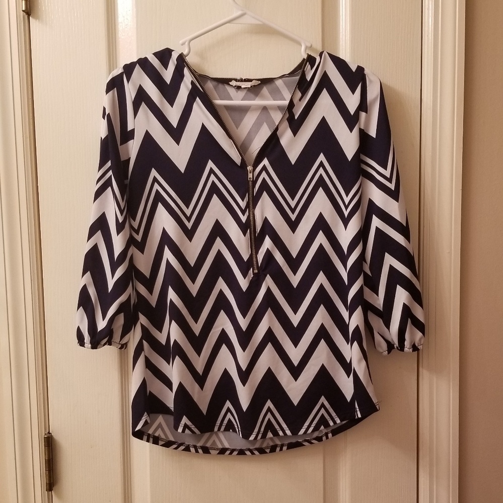 Navy blue and white Chevron blouse
